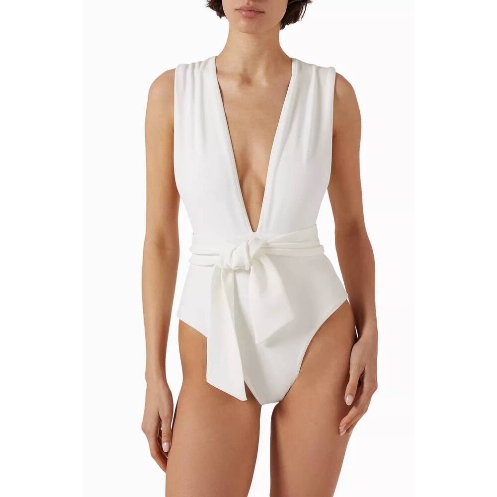 NEW HAIGHT belted crepe v neck one piece swimsuit in white